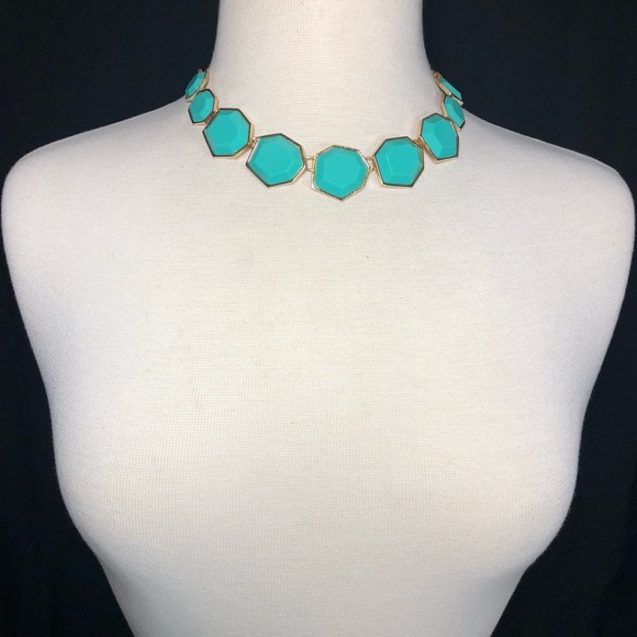 Aqua Blue Abstract Resin Gems Gold Tone Necklace Earrings Set - Picture 2 of 3